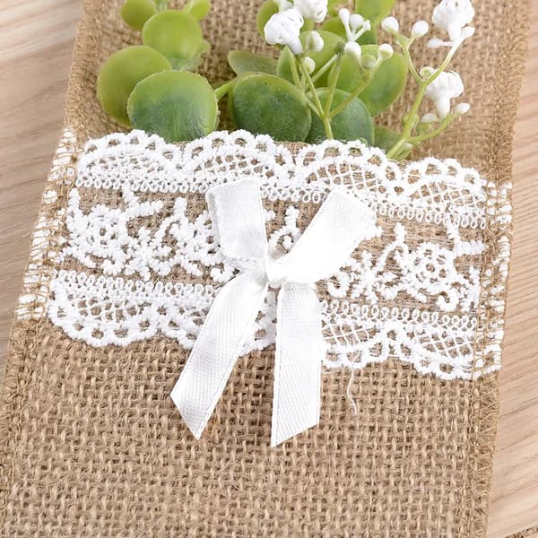 20 st bestickpåsar i säckväv med spetskant, rustika för bröllopsfest ~21x11cm