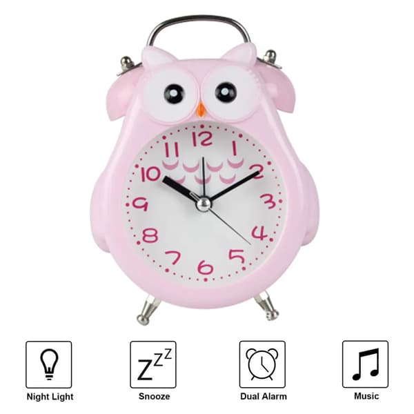 Barn Uggla Väckarklocka Tyst Nattlampa Snooze Analog Digital Metall Sovrum
