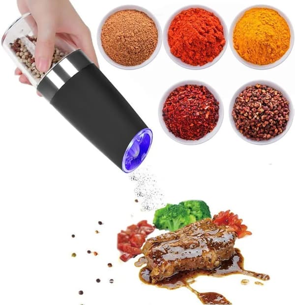 Elektriska salt- och pepparkvarnar 2-pack justerbar grovhet blå LED 120 ml batteri