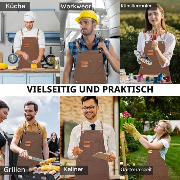 Brun arbeidsforkle i kanvas for menn og kvinner, 3 lommer, kryssryggstropper Canvas Aprons, Waterproof