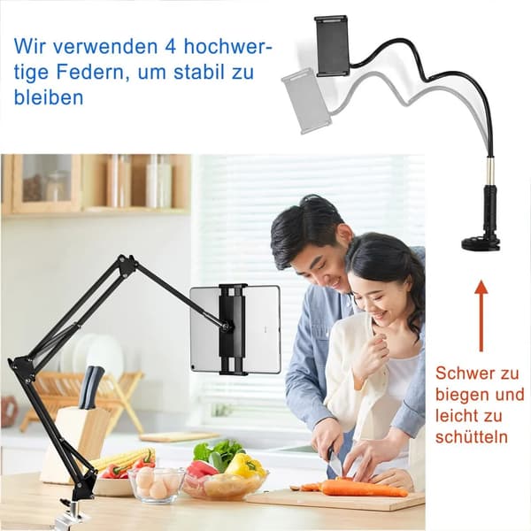 Tabletstativ 360° roterende med robust aluminiumsarm til iPad, tablet, telefon