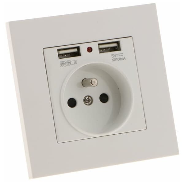 EU Innfelt Vegguttak Dobbel AC Med Dobbel USB 5V/2.1A 86mm Panel Uten Bryter