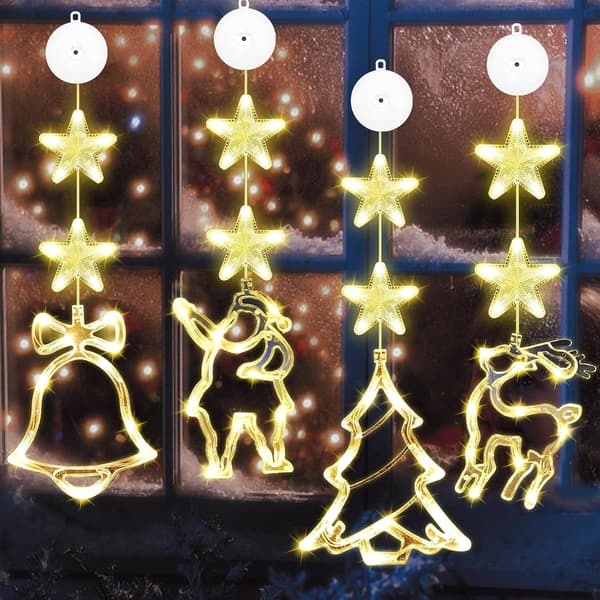 Sett med 4 LED jule sugekopplys, stjerne + elementer, varmhvit, batteri med timer Set of 4