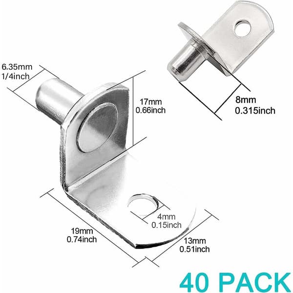 Nickelpläterade L-håls hyllstift 5 mm axel 40-pack 6,35 mm diameter
