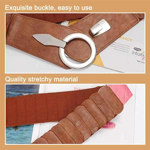 Dame Retro Bredt Bælte Elastisk Stræk Metalspænde 77cm Talje 70-100cm Brun Brown