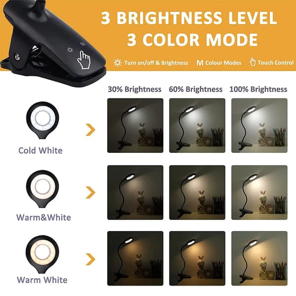 LED Clip Læselampe 1 Svanehals Genopladelig Touch Dæmp Sort Seng Skrivebord Amning