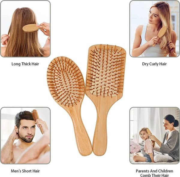 Naturlig hårborste i bambu, 2-pack, med kudde och runda borst, antistatisk, unisex