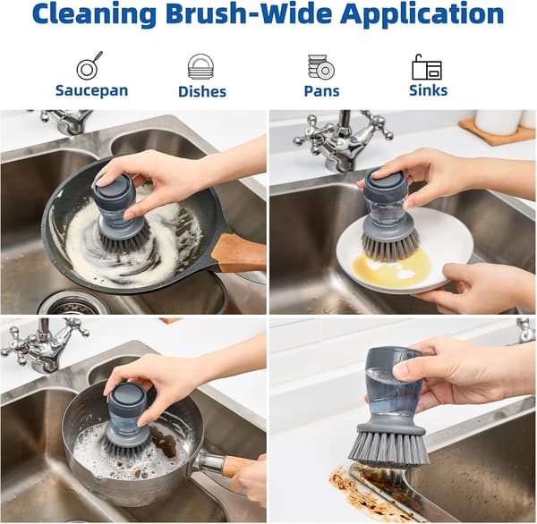 Oppvaskbørste med såpedispenser, 2 oppvaskbørster og avrenningsbrett for vask og kokekar Dish Scrubber Brush