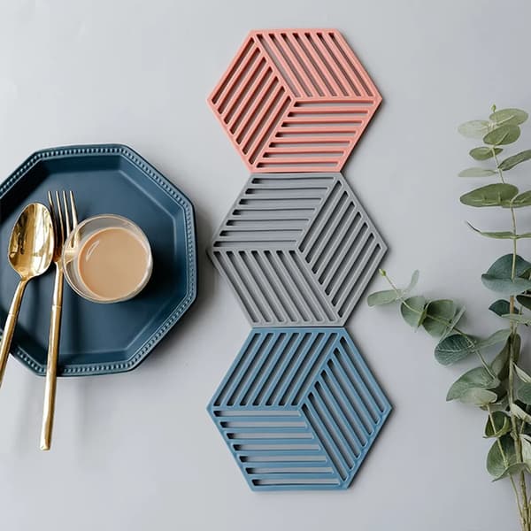 Silikone Coaster Trivet 4-pak Hexagon Varmebestandig Sort Vin Blå Beige