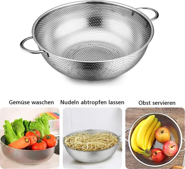 Sil i rustfritt stål med mikrohull, 3-pakning med håndtak 16,5/19,5/22,5 cm, til pasta, frukt, ris