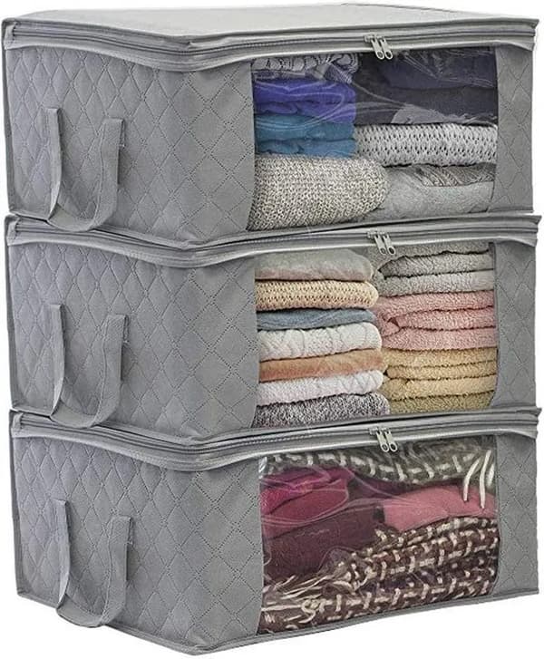 Vikbara klädförvaringsväskor 3-pack Nonwoven Dragkedja för täcken Kläder Under sängen Grå