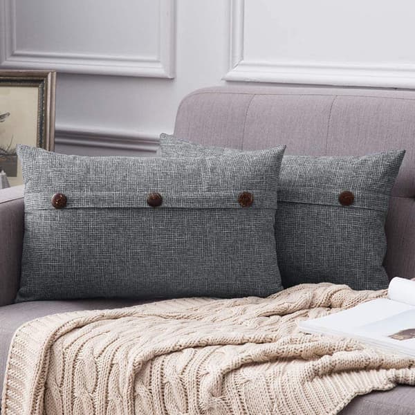 Grå dekorativa örngott i linne 2-pack 3 knappar 30x50cm dold dragkedja bondgårdsstil soffa sovrumsset