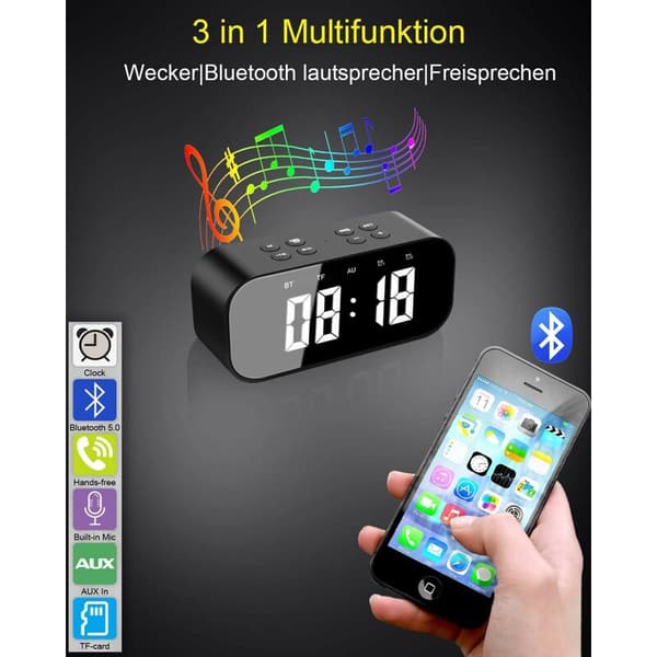 Bluetooth-högtalare Digital väckarklocka LED-spegeldisplay Dubbla larm Dimbar, Svart