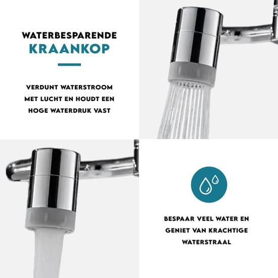 Vandbesparende vandhane-forlænger, 1080° drejelig, 2 sprøjtetilstande, rustfrit stål