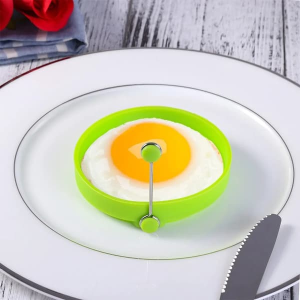Silikon eggeringer 4-pakning runde non-stick eggformer sammenleggbare håndtak grønn 10,5 cm