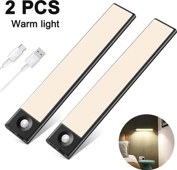 LED Bevegelsessensorlys 2-pakning USB Oppladbar Ultratynn Skap Skuff Trapp