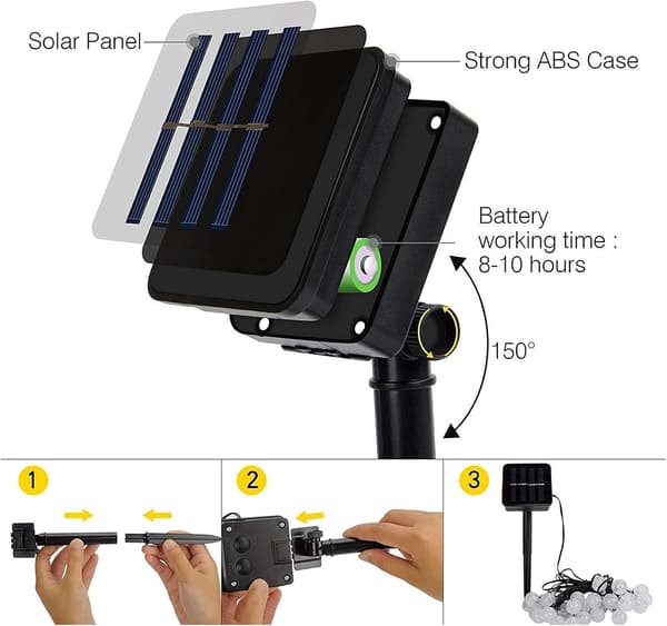 Solcellelyslenke 12 meter 100LED Flerfarget Krystallkule 8 Moduser Minne Hage Solar String Lights