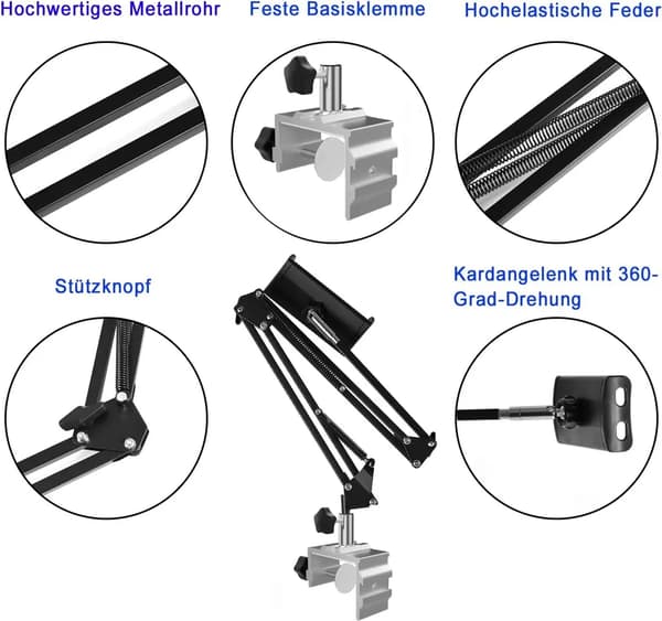 Tabletstativ 360° roterende med robust aluminiumsarm til iPad, tablet, telefon
