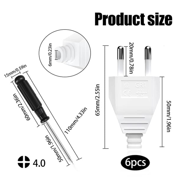 6 st 220V 2.5A ABS Vit Platt Stickpropp med Skruvmejsel 6 pcs