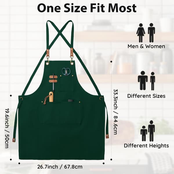 Grønt arbeidsforkle i kanvas for menn og kvinner, 3 lommer, kryssryggstropper Canvas Apron, Waterproof