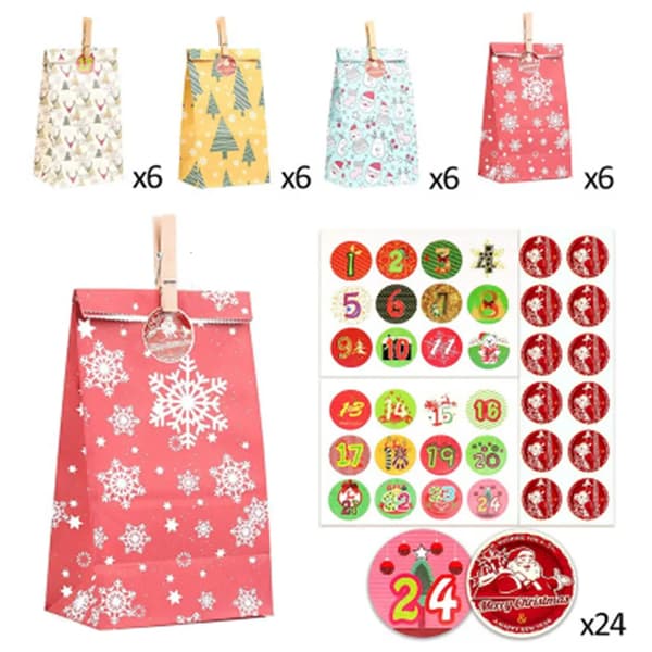24 stk. julekalender fyldeposer Kraftpapir 4 designs klips snor