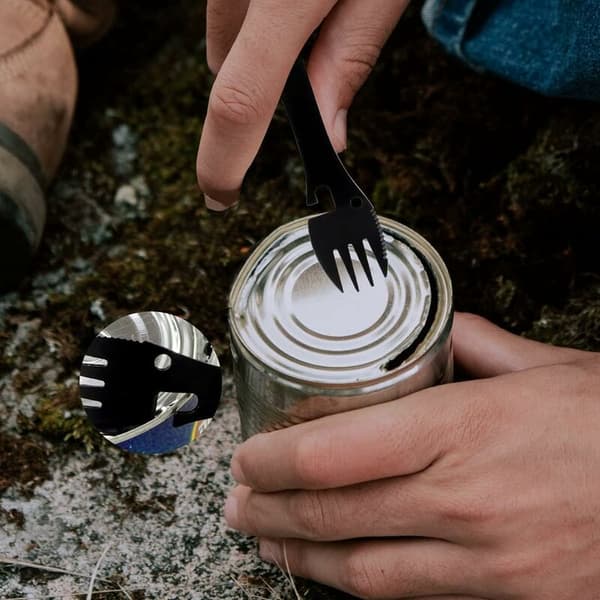 5-i-1 Spork i rustfrit stål Flaskeåbner Dåseåbner 304 Sort Bærbar Æske Camping Rejse Vandring 1 stk