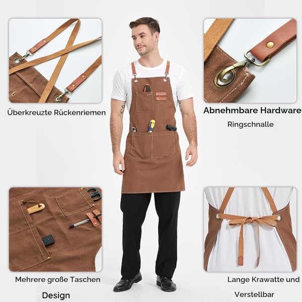 Brun arbeidsforkle i kanvas for menn og kvinner, 3 lommer, kryssryggstropper Canvas Aprons, Waterproof