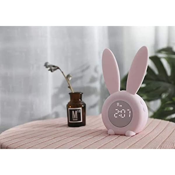 Sød Kanin Børne Vækkeur Timer Natlys Snooze 6 Ringetoner Temp Display, Pink