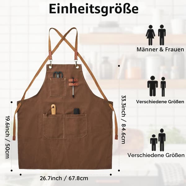 Brun arbeidsforkle i kanvas for menn og kvinner, 3 lommer, kryssryggstropper Canvas Aprons, Waterproof