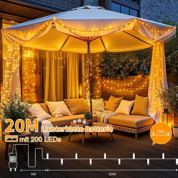 20M 200LED Varmhvite Julelys med Timer og 8 Moduser, Vanntett 20 m 200