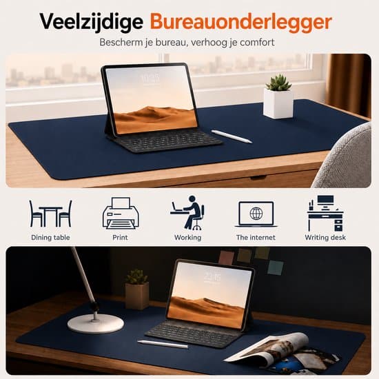 Dobbeltsidet skrivebordsmåtte 90x45cm, kork/PU-læder, musemåtte XXL, blå XXL