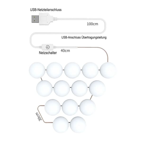 10-lys LED Makeup Spejllysstrimmel med 3-farvet dæmpning og USB-strøm Hollywood Vanity LED