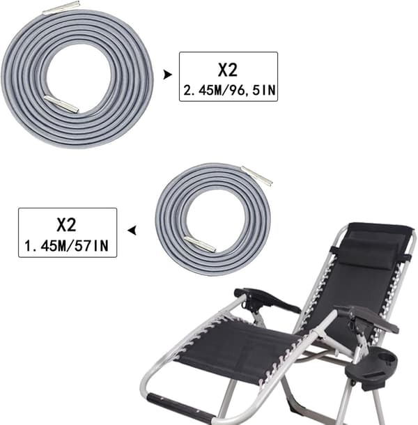 Pakke med 4 grå elastiske gummisnore til dækstol, liggestol, havestol (2x2,45m + 2x1,45m)