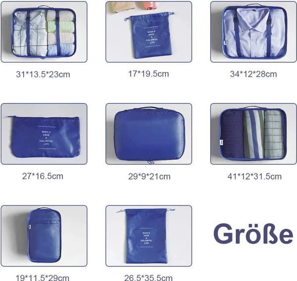 Bagagesorganisatörsväskor Set 8 delar Ljusblå Packkuber med Toalett- och Skoväska