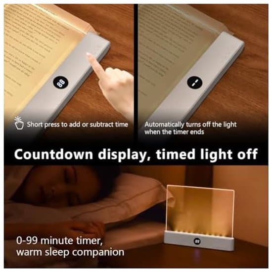 Flat boklys, LED leselampe for seng, øyebeskyttelse, dimming og timer, hvit Platte boeklamp, bedboek