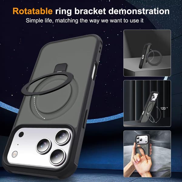 Kompatibel med iPhone 17 Pro Cover med Stand, Sort, Magnetisk Ring Kickstand SKYLMW Compatible with