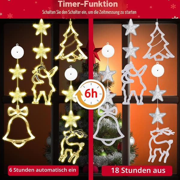 Sett med 4 LED jule sugekopplys, stjerne + elementer, varmhvit, batteri med timer Set of 4