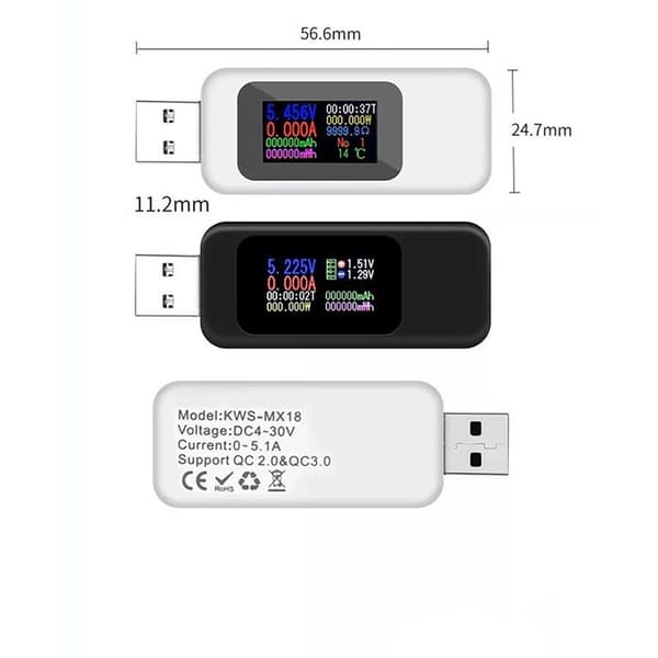 Farve USB Strømmåler 4-30V 0-5.1A Spænding Strøm Watt mAh Ladekabel Tester Sort 1 Stk