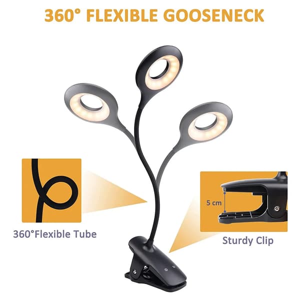 LED Clip Læselampe 1 Svanehals Genopladelig Touch Dæmp Sort Seng Skrivebord Amning