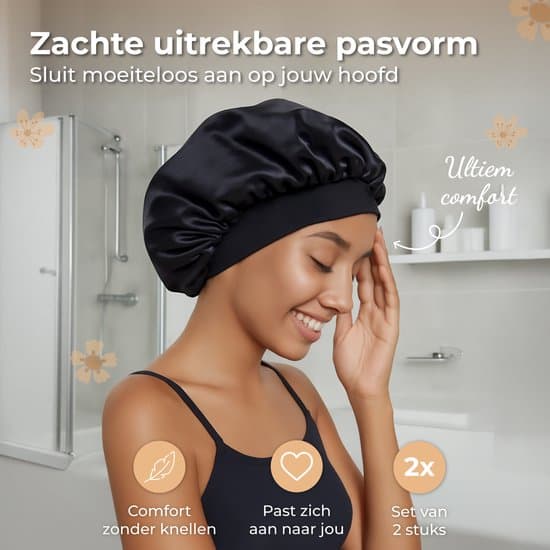 2-pakning svart sateng sovehette, justerbar, unisex, hårbeskyttelse