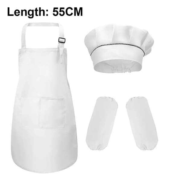 Förklädesset för barn, vitt M, förkläde, hatt, ärmar för matlagning, bakning, målning, ålder 3-6 år