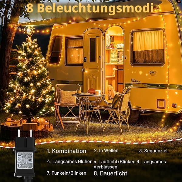 20M 200LED Varmhvite Julelys med Timer og 8 Moduser, Vanntett 20 m 200