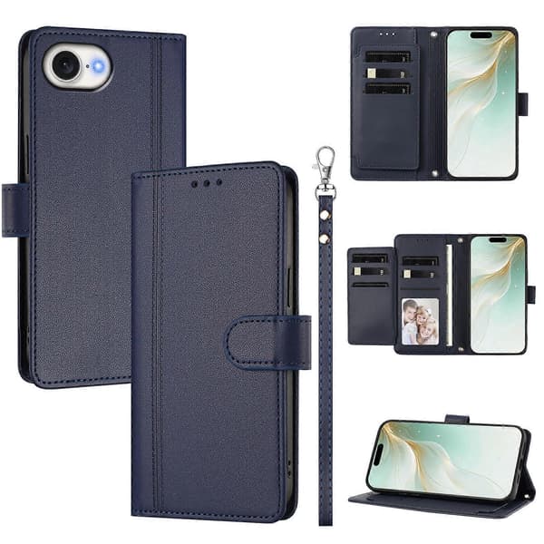 Plånboksfodral kompatibelt med iPhone 16e / 17e, 9 kortplatser, PU-läder, vikbart stativ, 16 cm rem Compatible For iPhone