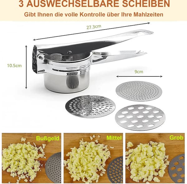 Potetpresse i rustfritt stål med 3 utskiftbare skiver, 27 cm, for potetmos