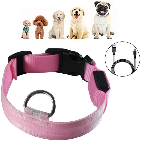 Lyserød LED Genopladelig Hundehalsbånd Størrelse S Mesh Lysende Halsbånd Sort Spænde D-ring 1 Stk