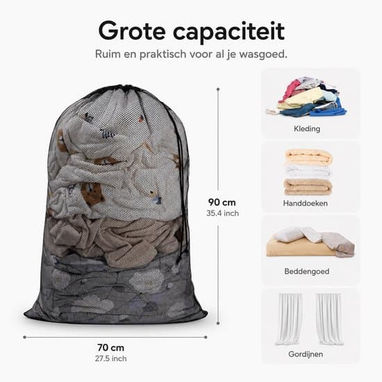 Stor vasketøjspose 60x90cm sæt med 2 sorte netvaskere BOTC Waszakken -
