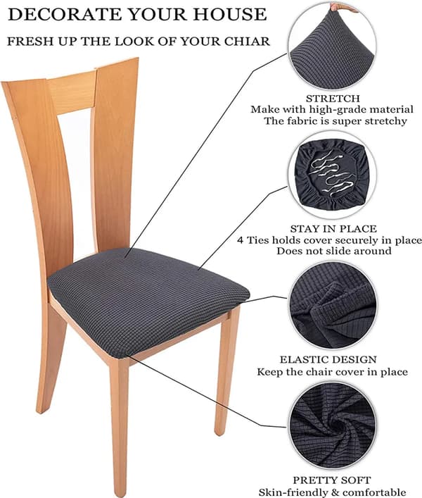 6 stk. ryggløse spisestoltrekk, elastisk strikk, avtakbart, vaskbart, 36-46 cm