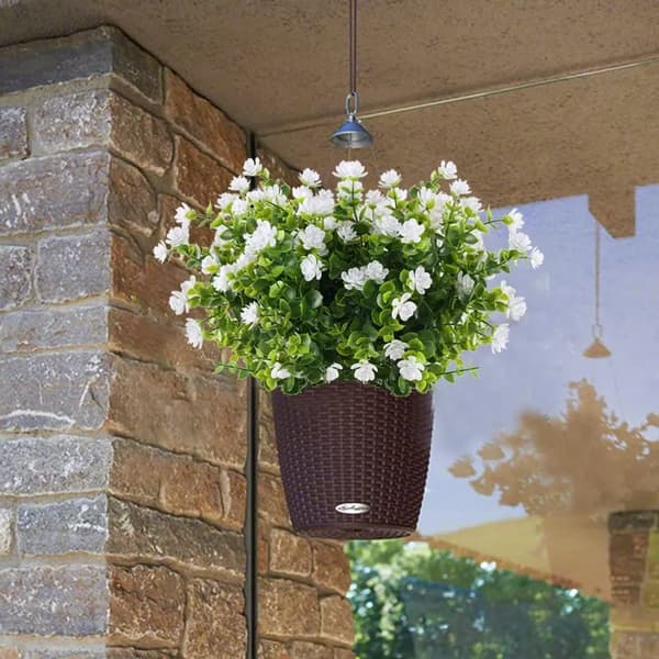 Hvite Små Blomster Kunstige Planter 4 Bunter Plast Eukalyptus Falsk Grønt 35x17cm Dekor