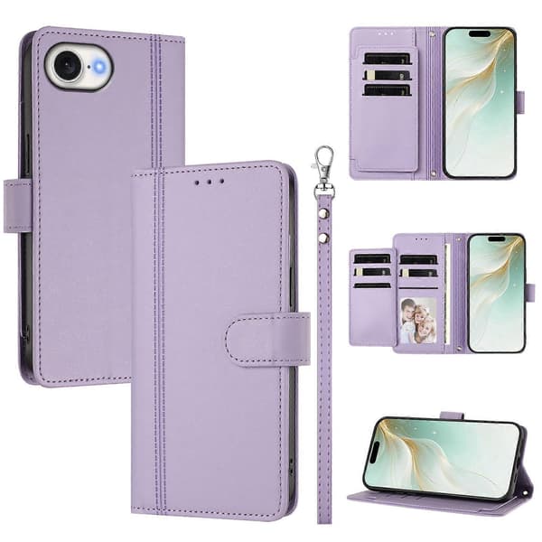 Plånboksfodral kompatibelt med iPhone 16e / 17e, 9 kortplatser, PU-läder, vikbart stativ, 16 cm rem Compatible For iPhone