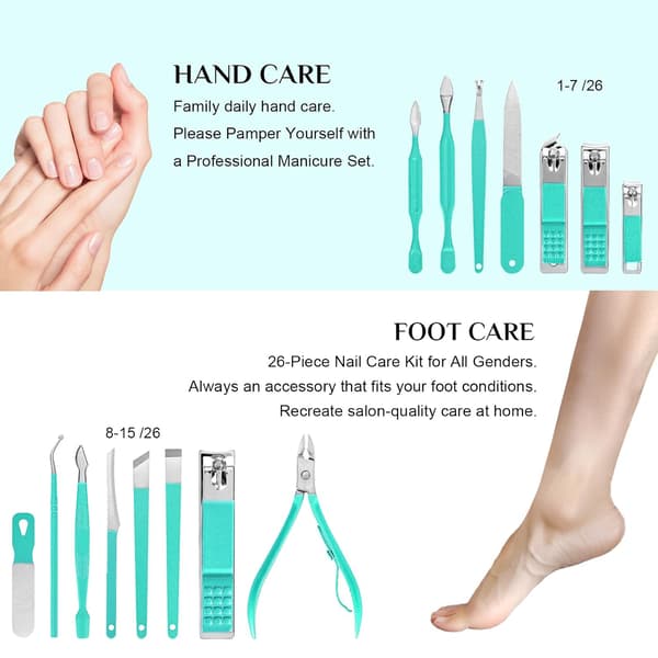 26-dele manicure- og pedicuresæt, negleplejeværktøjer i rustfrit stål, turkis etui 26 pcs